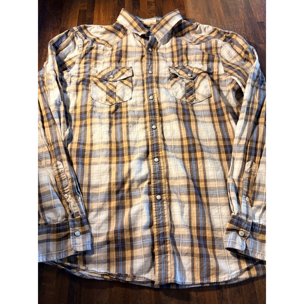 AE Outfitters Mens XL Brown Plaid Western Pearl Snap Shirt Vintage Fit Long Slv